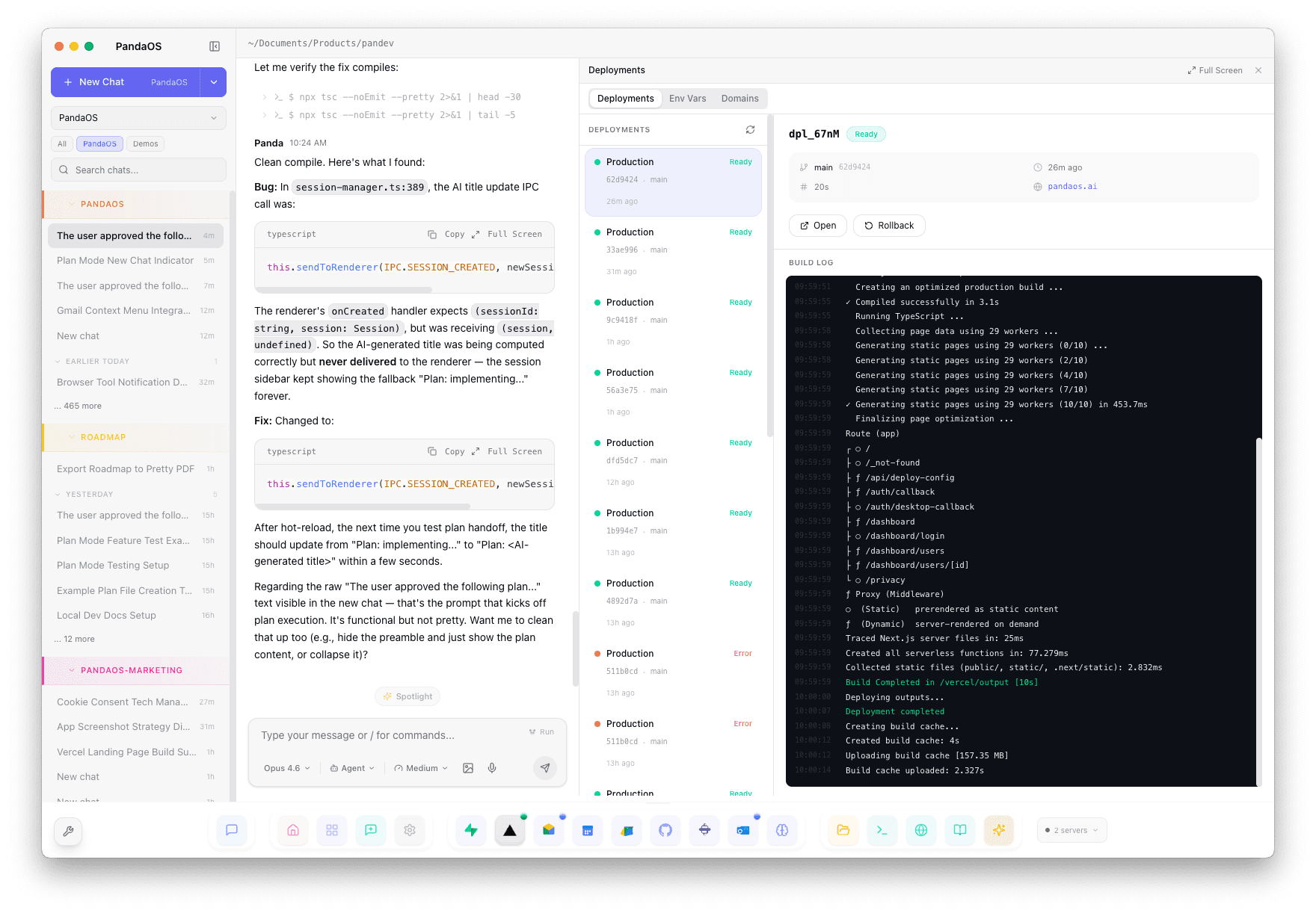 PandaOS chat with Vercel deployments panel and build logs