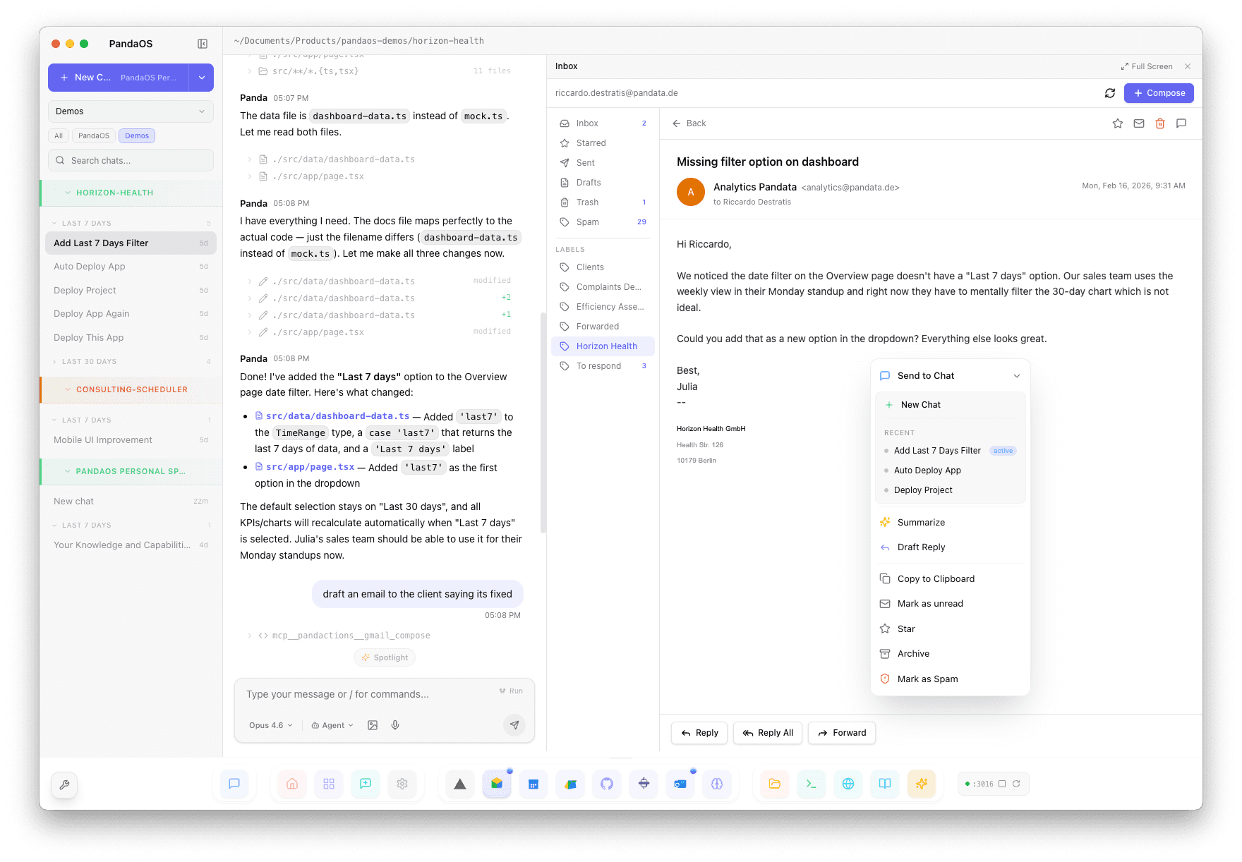 PandaOS workspace with Gmail inbox and AI chat side by side