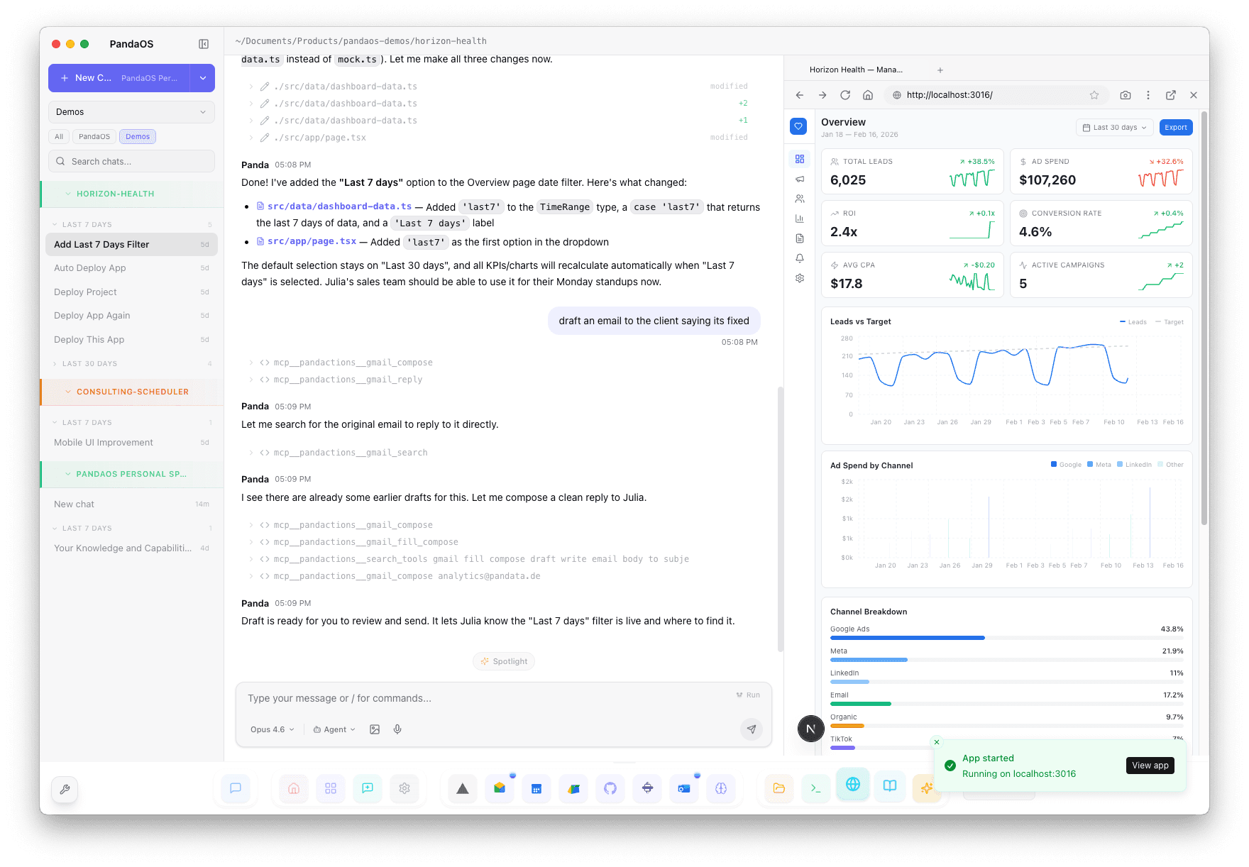 PandaOS workspace with chat, browser preview, and analytics dashboard